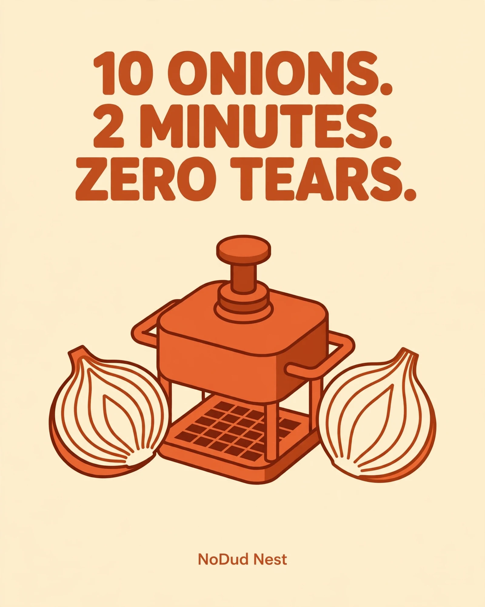 10 onions, 2 minutes, zero tears — flat illustration
