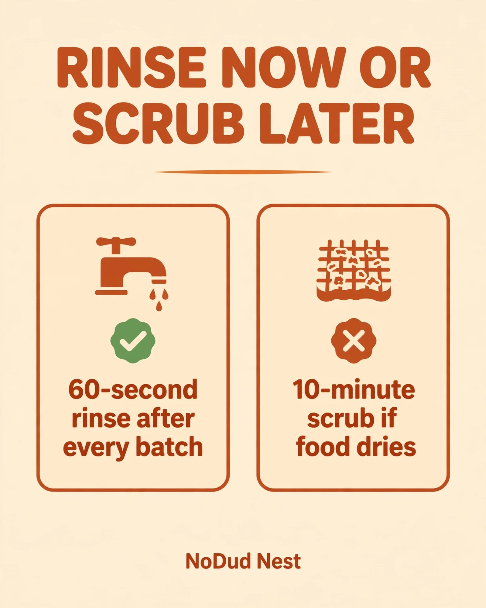 Rinse now or scrub later — 60-second rinse vs 10-minute scrub if food dries