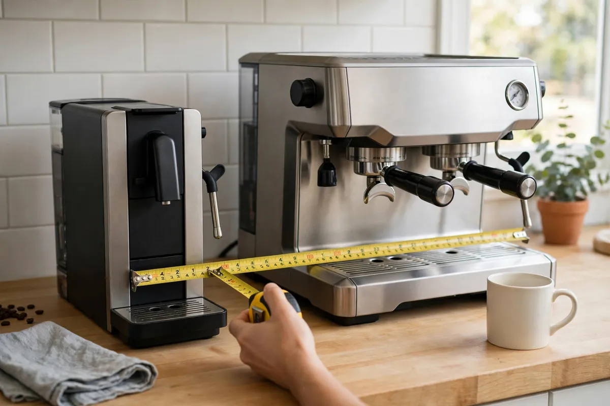 Two espresso machines of clearly different sizes side by side, tape measure between them
