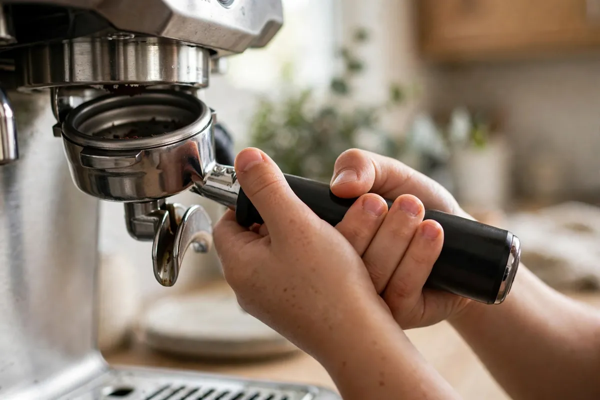 Close-up of small hands locking a portafilter into an espresso machine