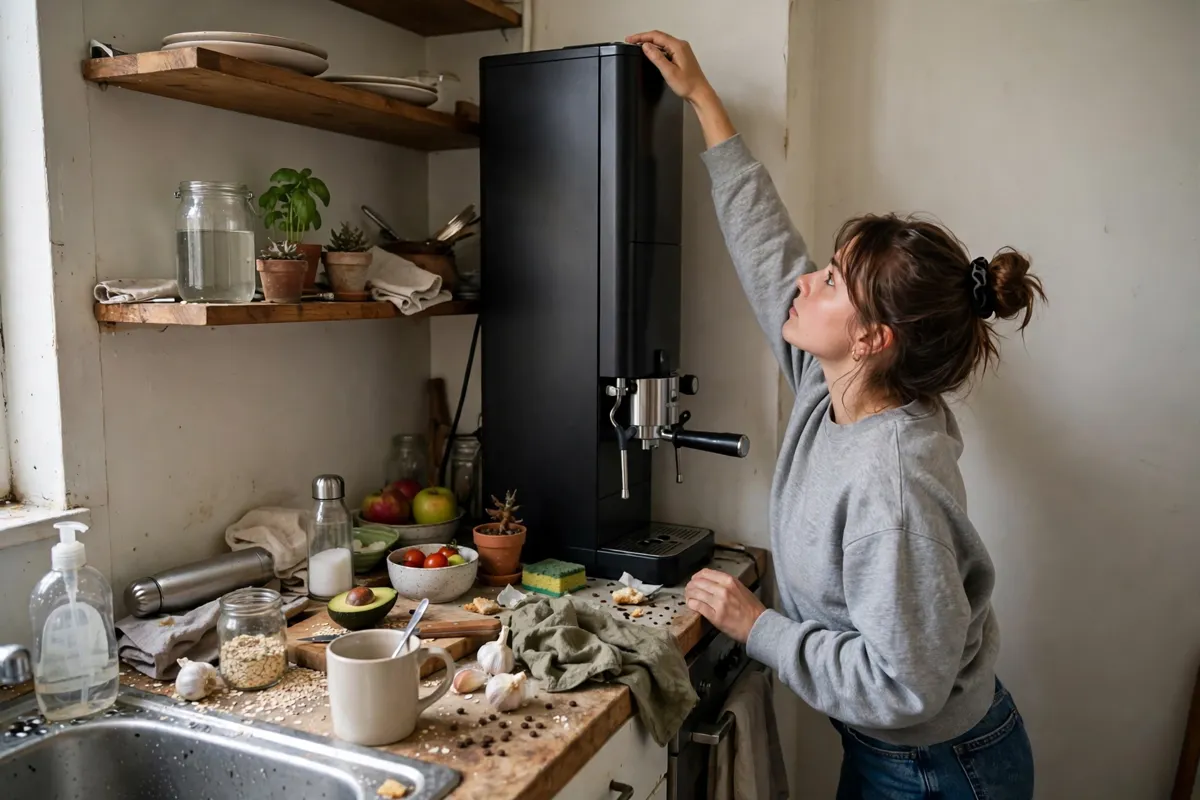 A petite woman reaching for a tall espresso machine on a crowded small counter
