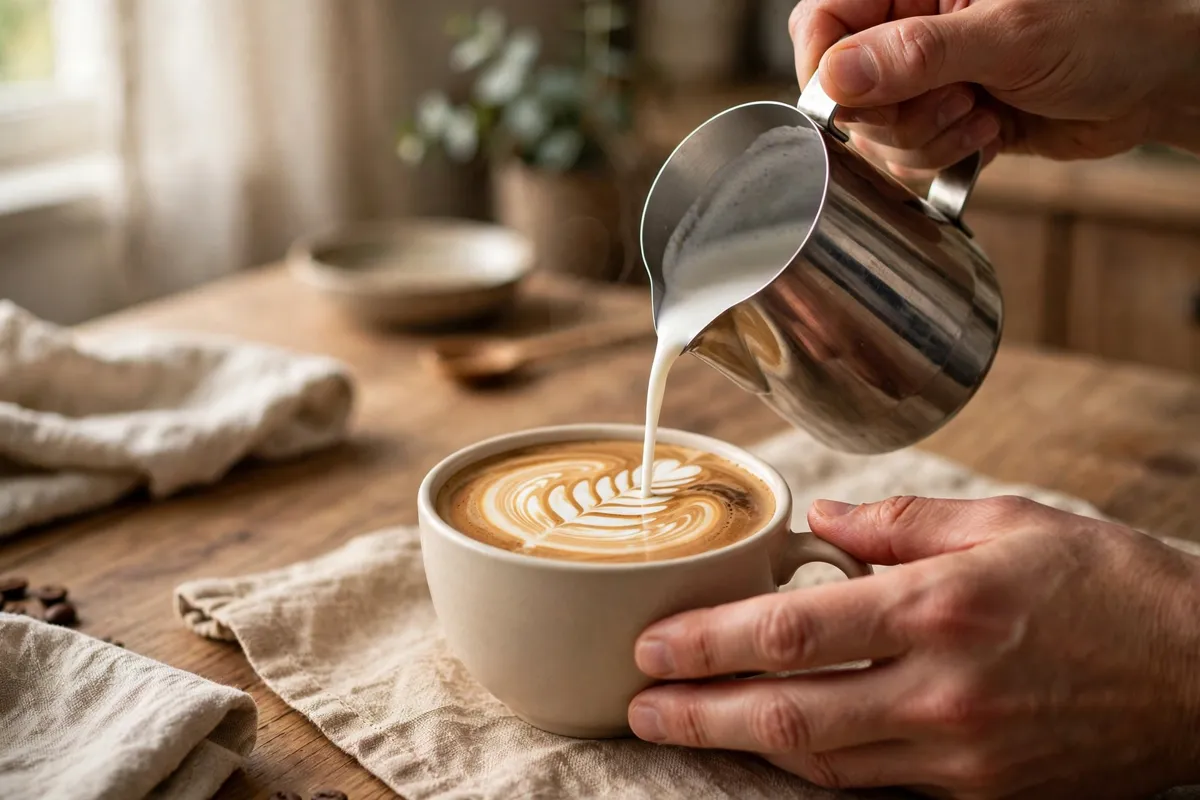 Hands pouring latte art at a kitchen table in morning light