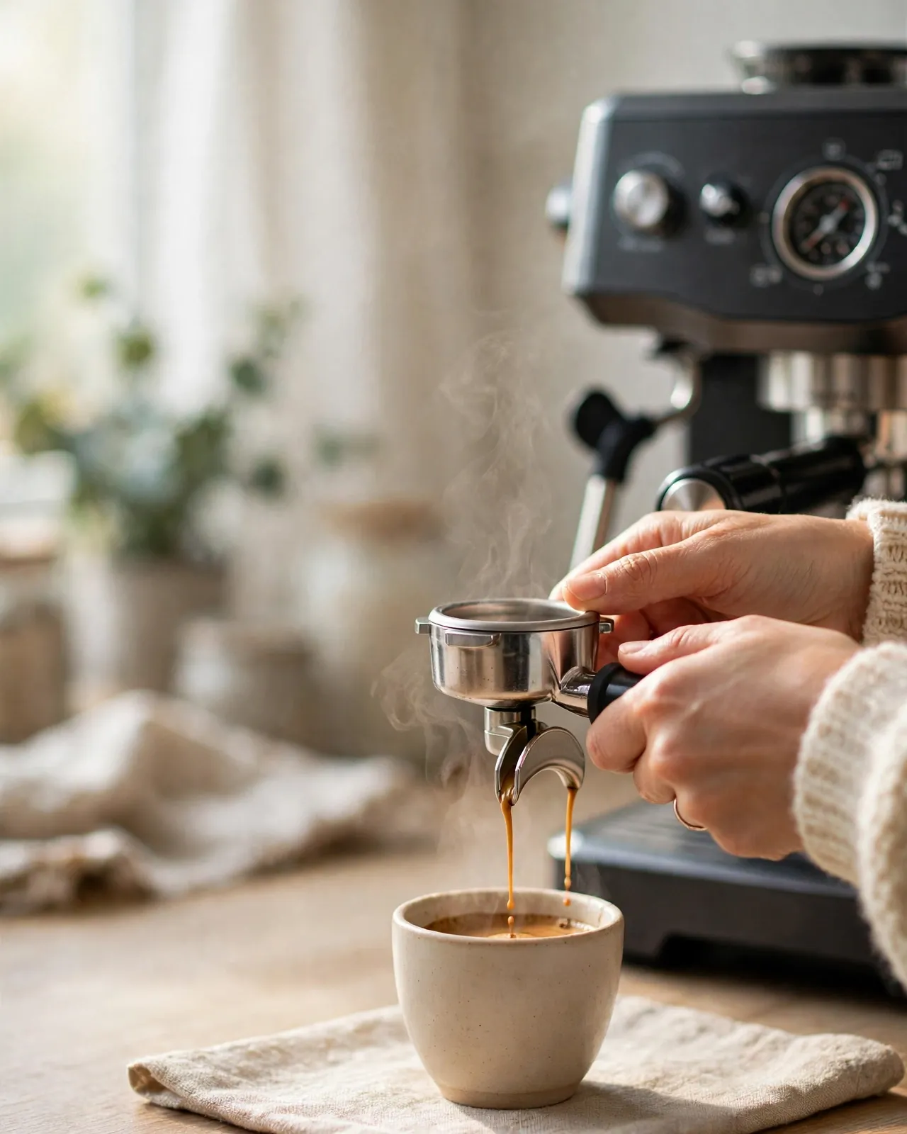 Morning espresso ritual at a home kitchen counter