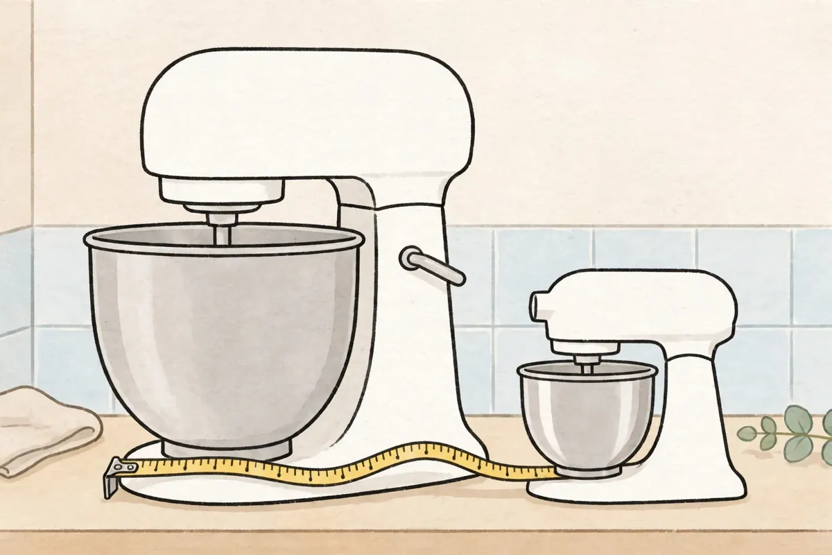 Two generic stand mixers of clearly different sizes side by side with a tape measure
