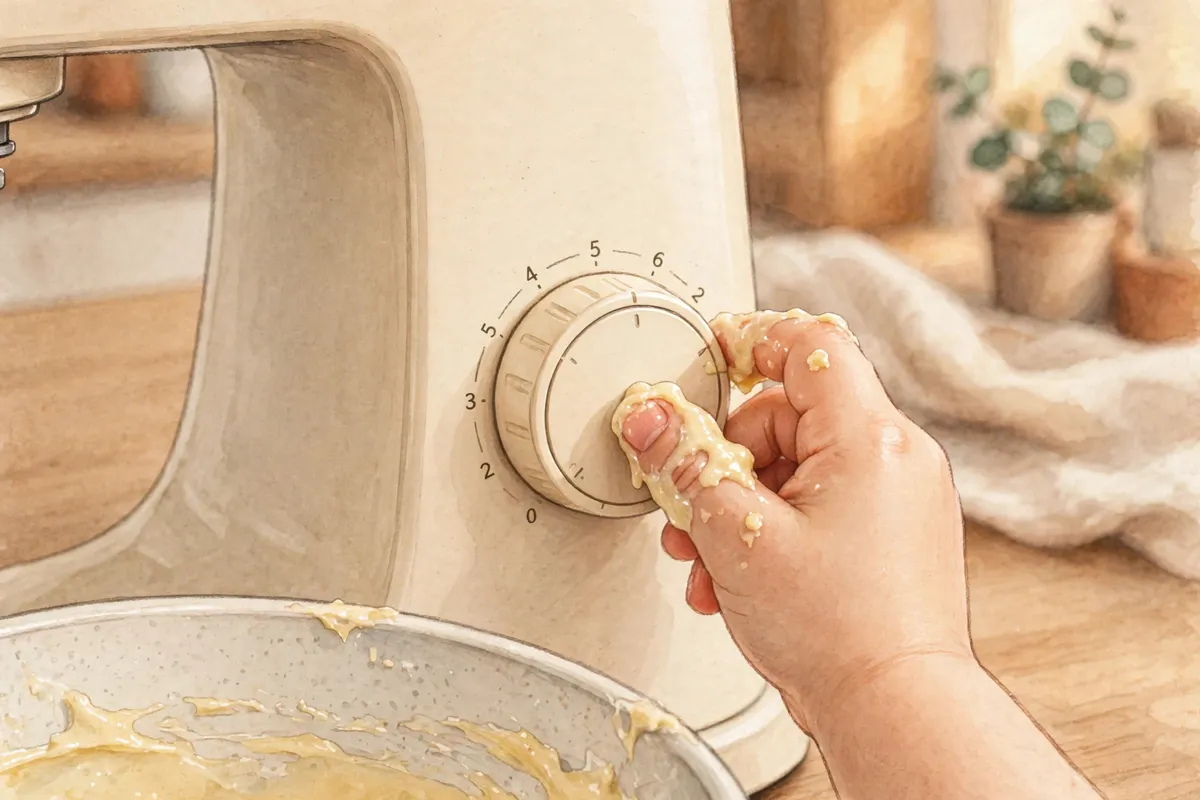 Close-up of small hands turning a mixer speed dial