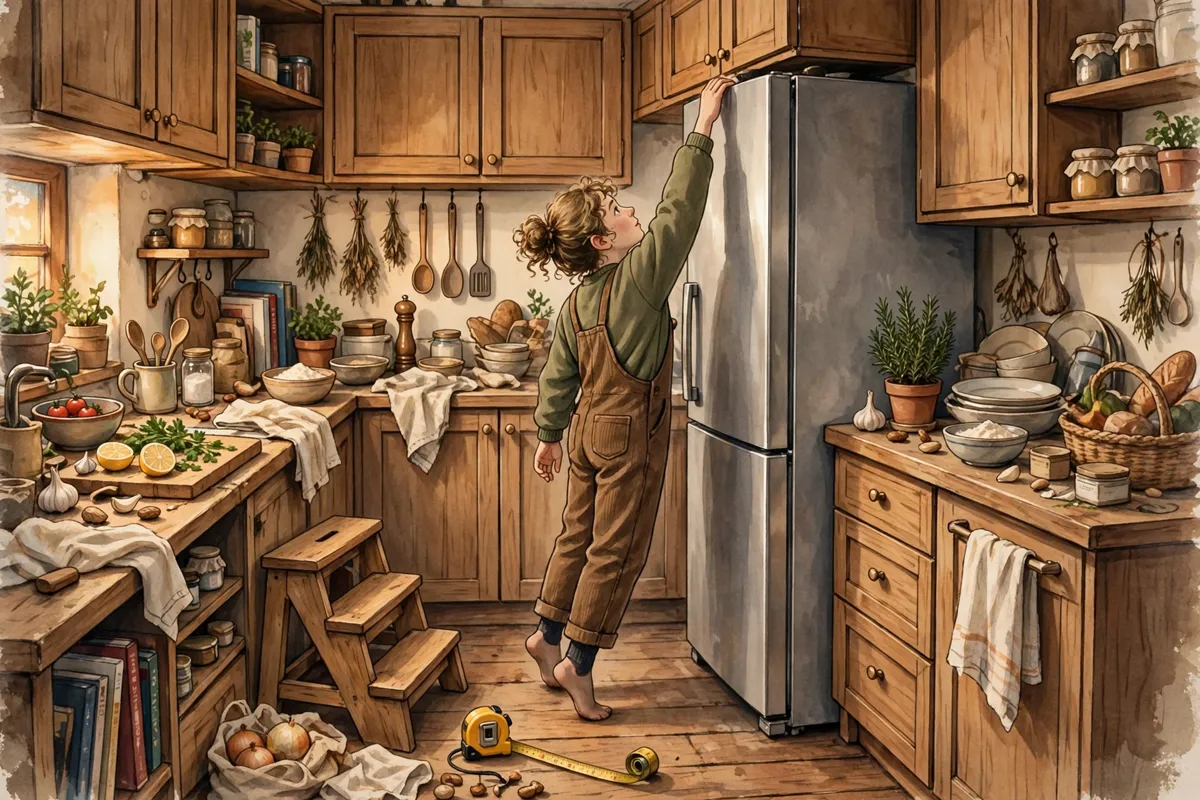 A petite baker reaching for a tall mixer under low kitchen cabinets