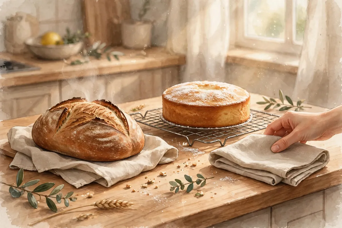 Freshly baked bread and cake cooling on a wire rack