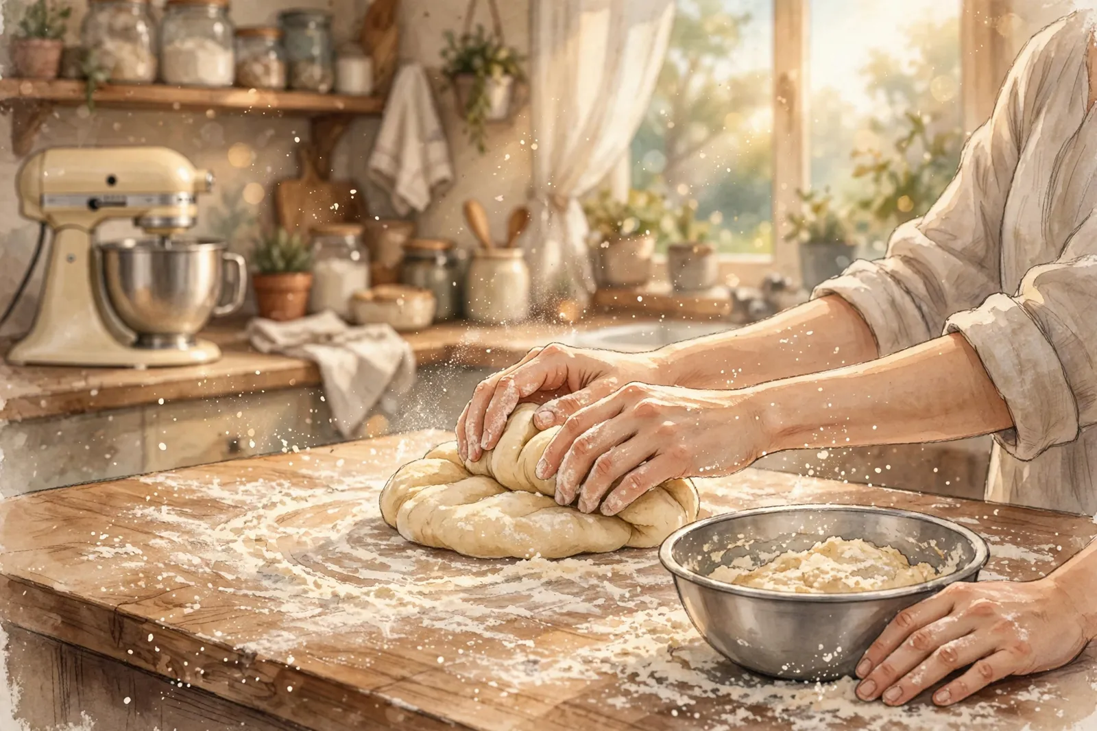 Hands folding bread dough on a floured counter in a sunny home kitchen